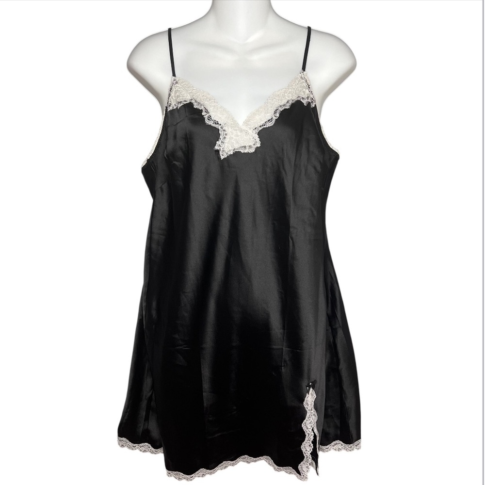 Victoria’s Secret Mini Black Slip Dress Sz L White Lace Trim Y2K Satin Lingerie